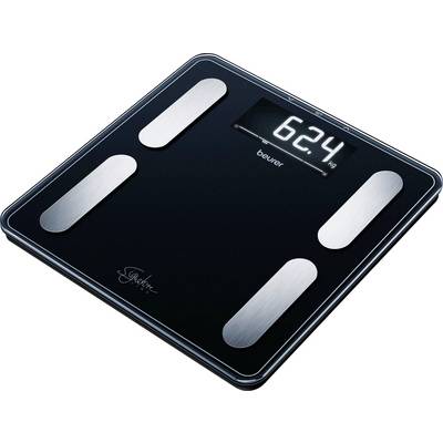 Sort digital vægt med sølvfarvede sensorplader viser en vægt på 62,4 kg. Mærket 'Beurer' kan ses på displayet.