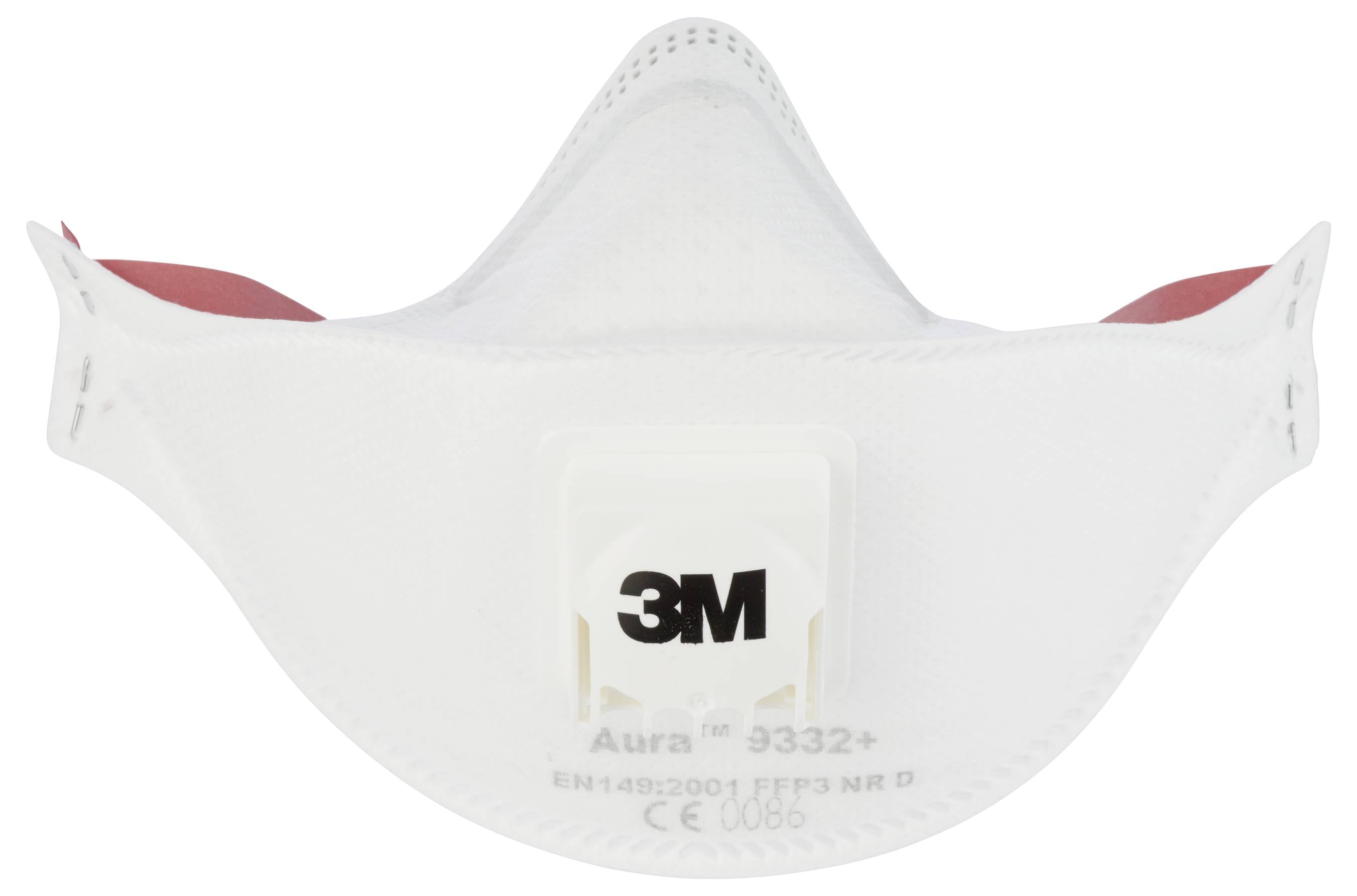 Åndedrætsmaske med ventil, model '3M Aura 9332+', FFP3-certificeret, beskytter mod forurenende stoffer og partikler i luften.