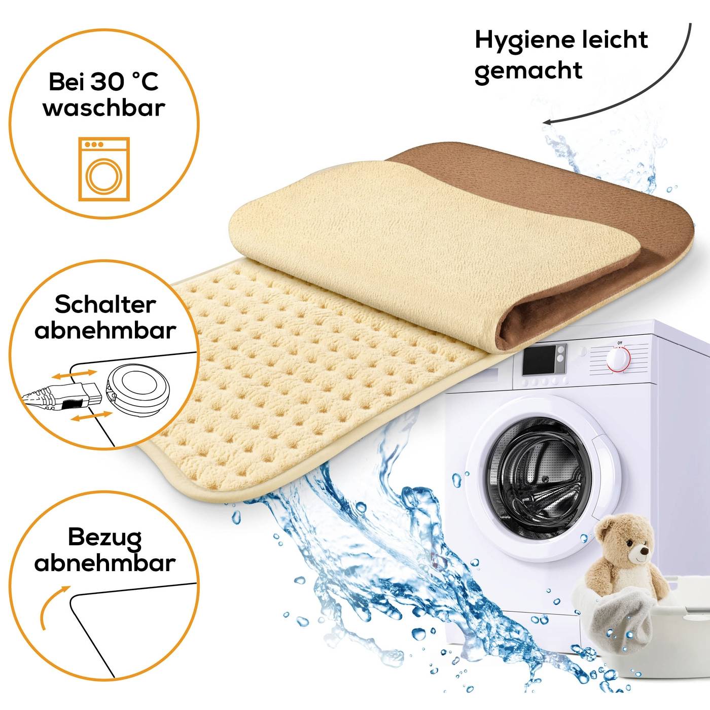 Vaskbart varmeunderlæg med aftagelig betræk, egnet til maskinvask ved 30°C. Kan betjenes med en enkelt kontakt.