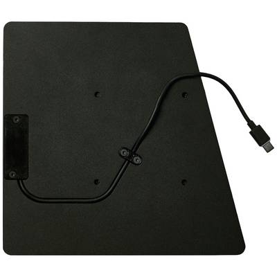 Sort antenne med tilsluttet kabel til digital tv-transmission, rektangulær og flad, på hvid baggrund.