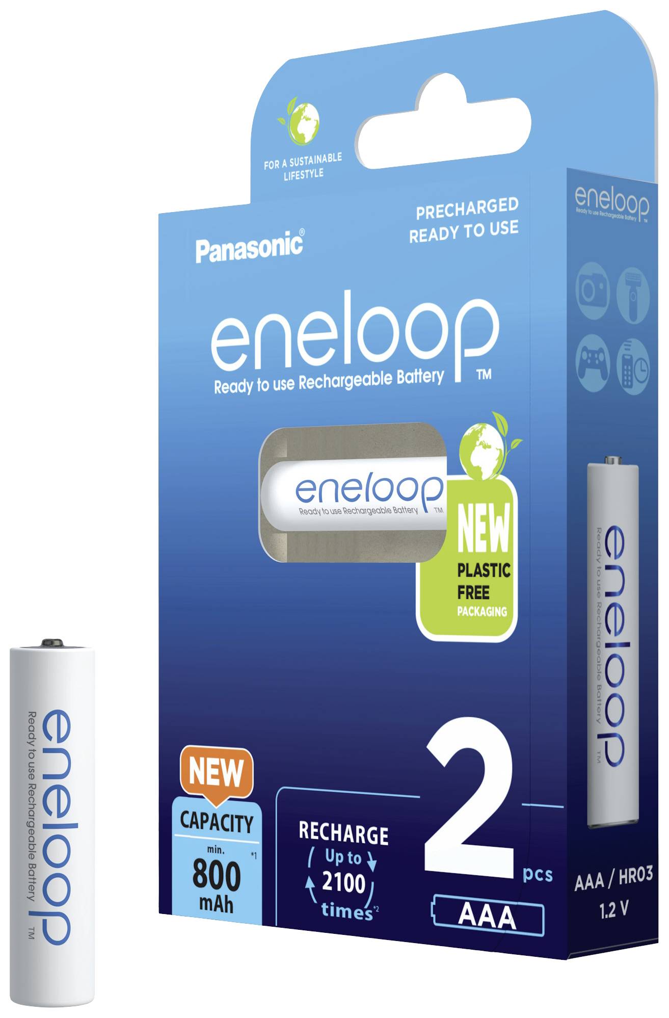 Blå-indpakkede eneloop genopladelige batterier fra Panasonic, AAA-størrelse, kan genoplades op til 2100 gange. Kapacitet: 800 mAh.