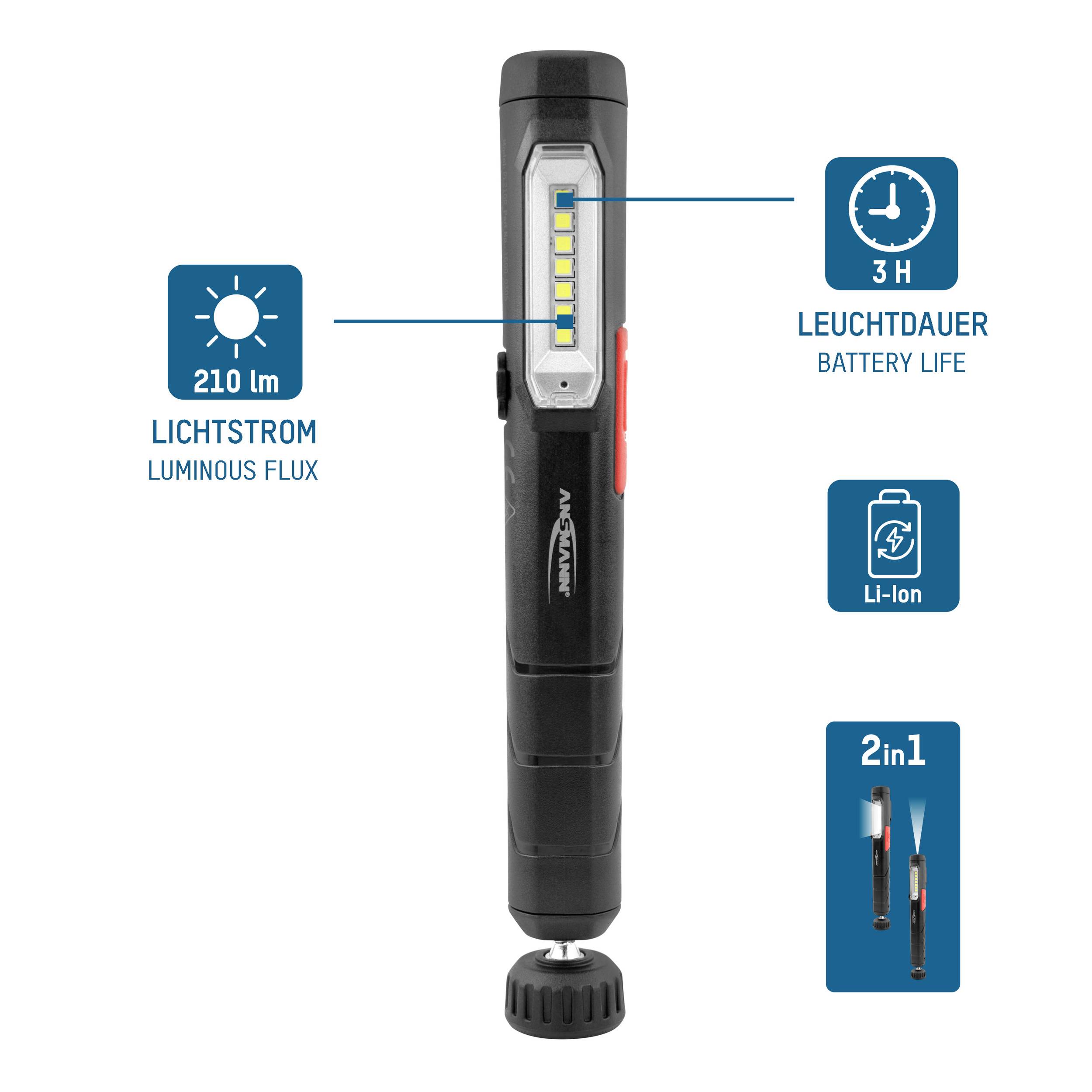 Sort LED-lampe med 210 lumens lysstrøm, 3 timers driftstid, Li-ion-batteri og 2-i-1-funktion.