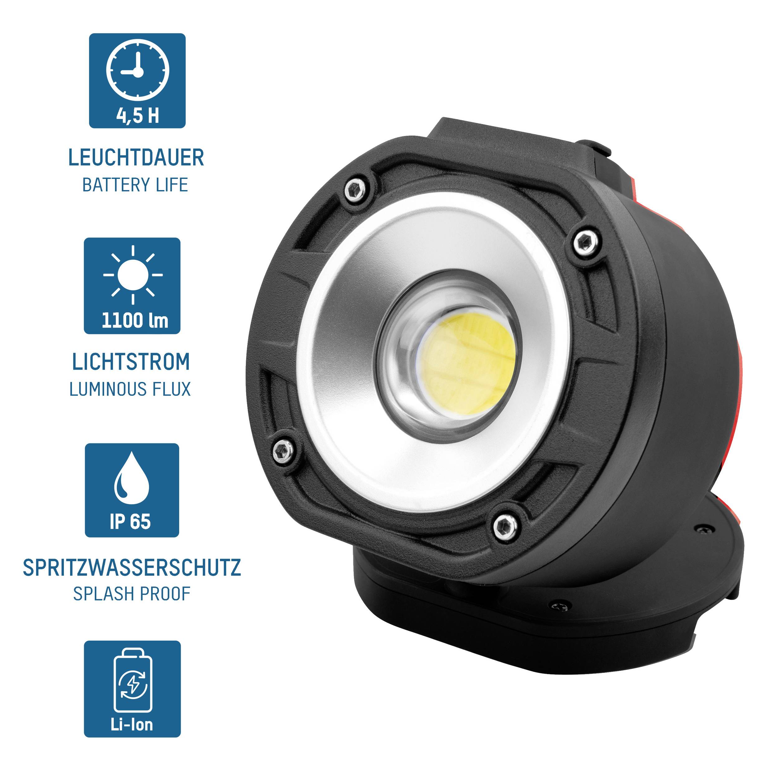 Rund, sort LED-lampe med følgende specifikationer: 4,5 timers driftstid, IP65 vandstænktæt, 215 lumens lysstrøm, Li-Ion batteri.