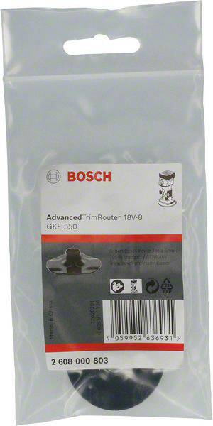 En Bosch-emballage med en fræsekrone, model 'AdvancedTrimRouter 18V-8 GKF 550', vist.