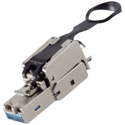 Et Ethernet-SFP-stikmodul med metalkappe og trækflig. Det bruges til udvidelse af netværksforbindelser.