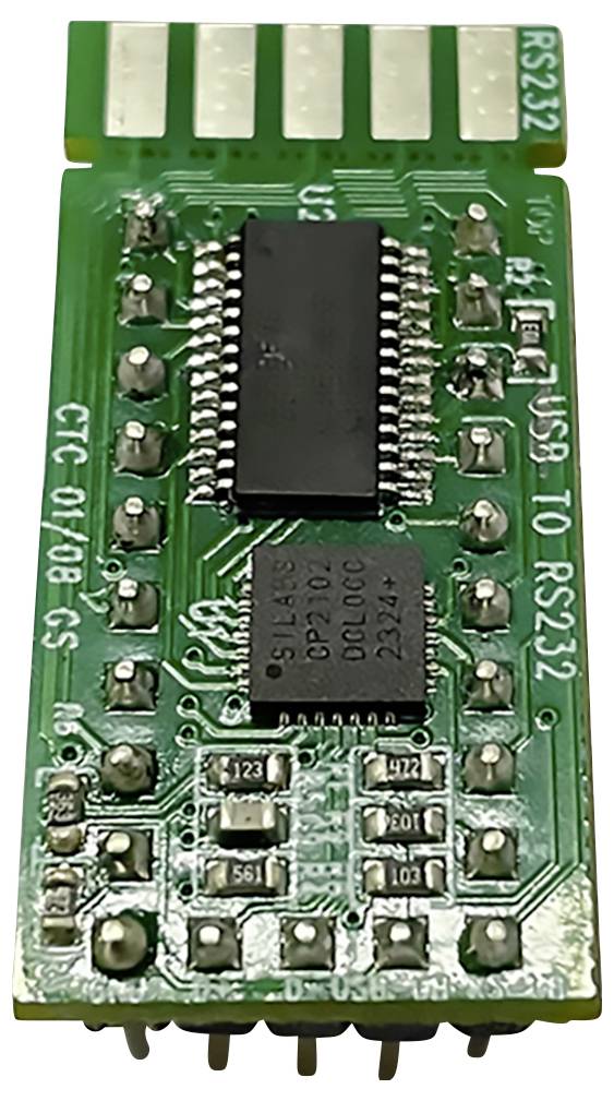 Et grønt elektronisk printplade med flere sølvfarvede ben, mikrochips og en USB-port.