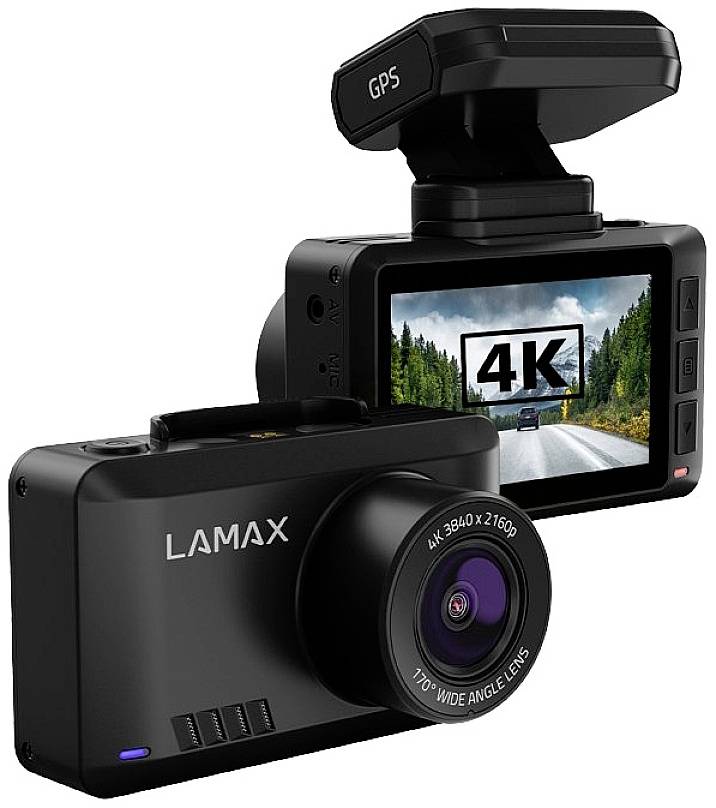 Dashcam med integreret skærm viser 4K-optagelser undervejs. Påskrift 'LAMAX' og GPS-modul synligt.