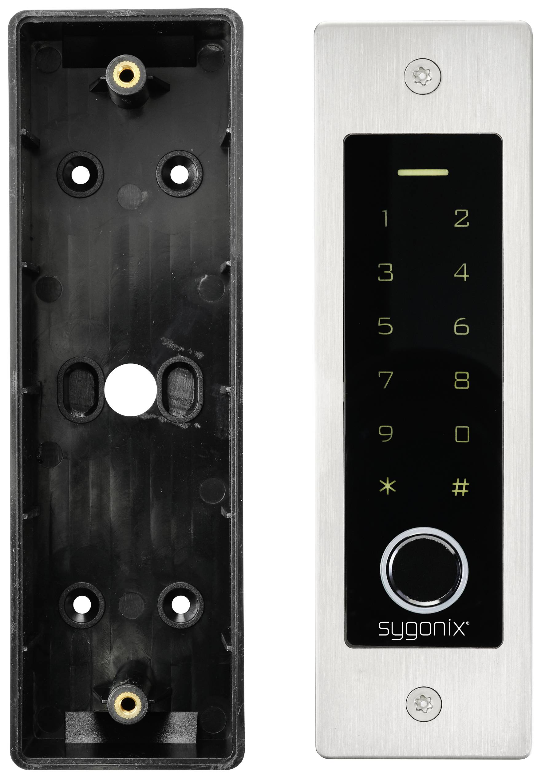 Dørtelefon med touchpad og numerisk tastatur, med mærkenavnet 'sygonix' nederst på enheden. Monteringsbeslag til venstre.