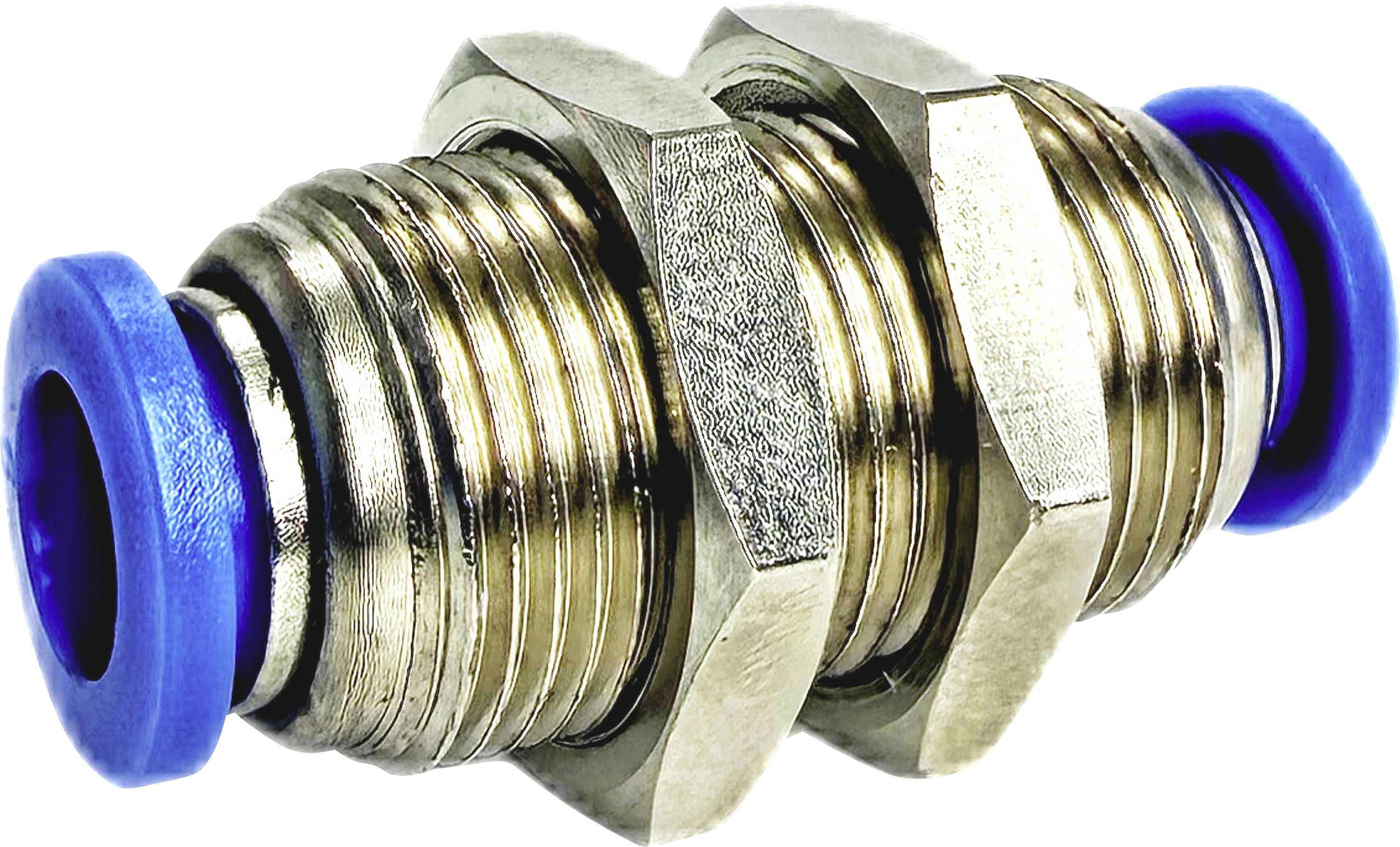 Detaljeret billede af en metalkompressionsfitting med gevinderede ender og blå plastikdeksler på begge sider.