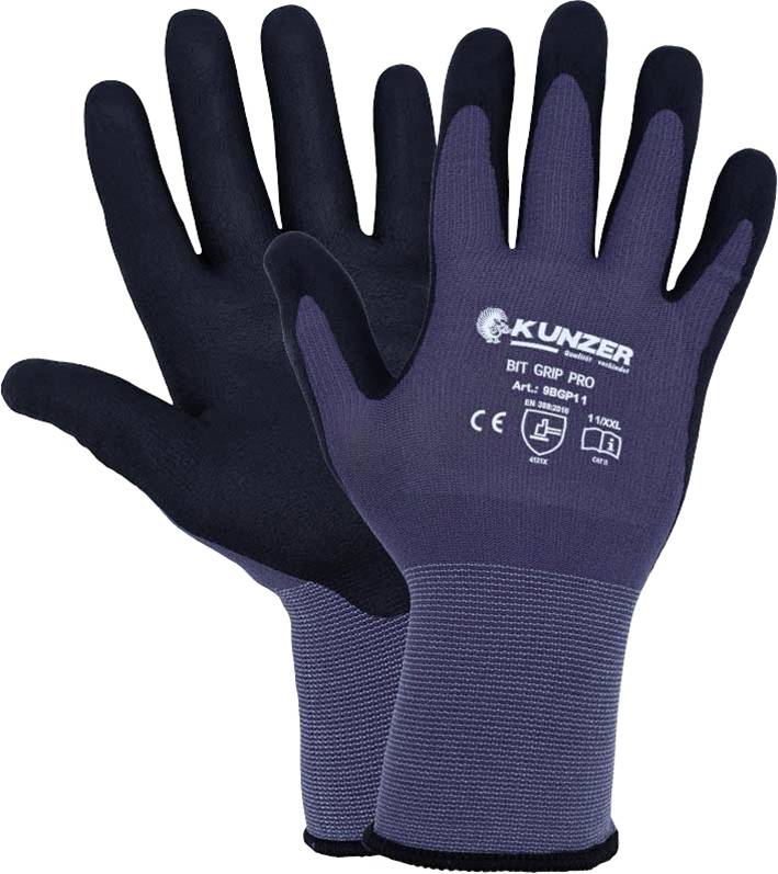 To Kunzer-arbejdshandsker med sikkerhedscertificeringer. Mørkeblå med sort gribeområde.
