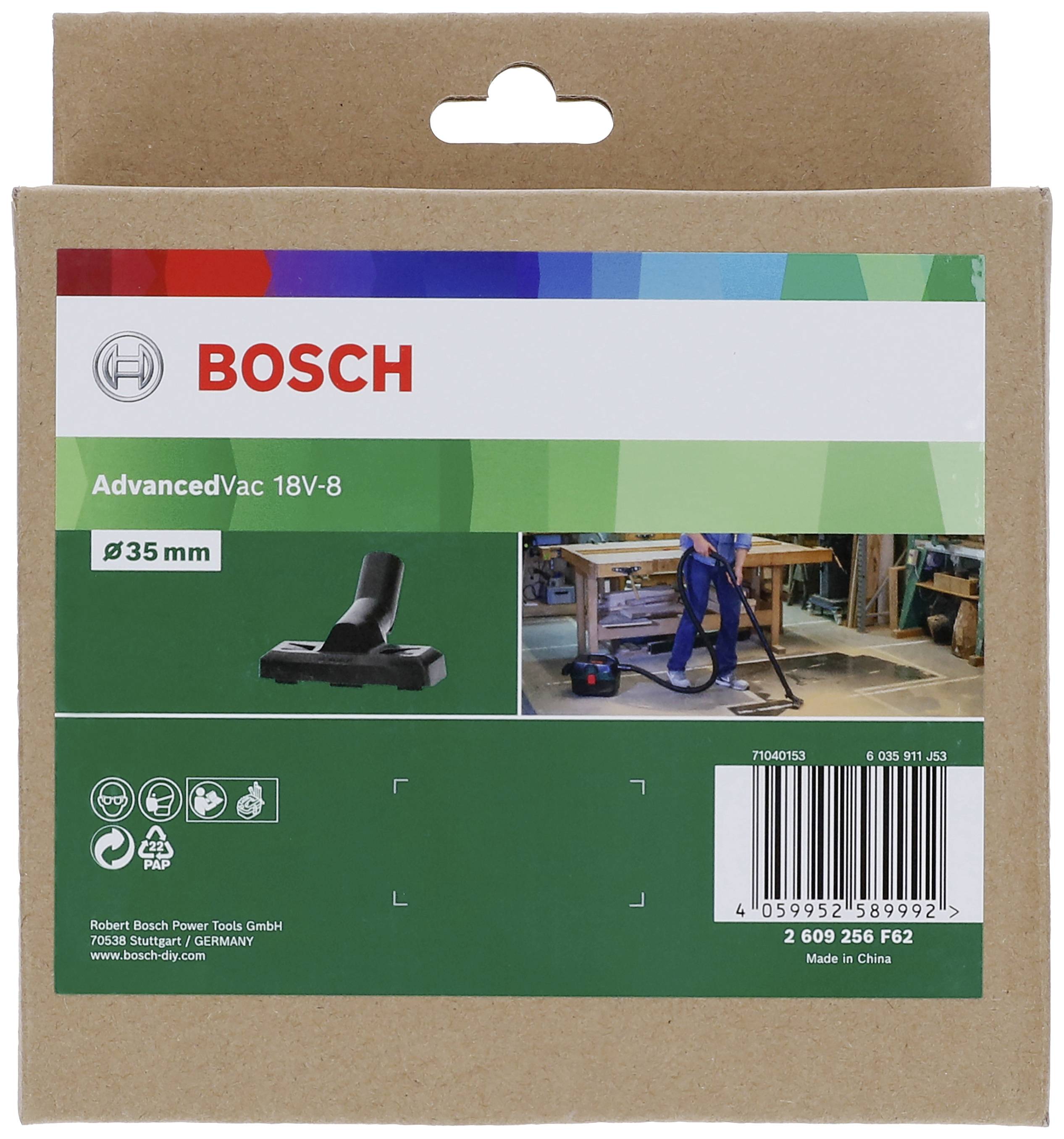 Bosch emballage til AdvancedVac 18V-8, illustration af en støvsuger, egnet til 35 mm slange, produceret i Kina.