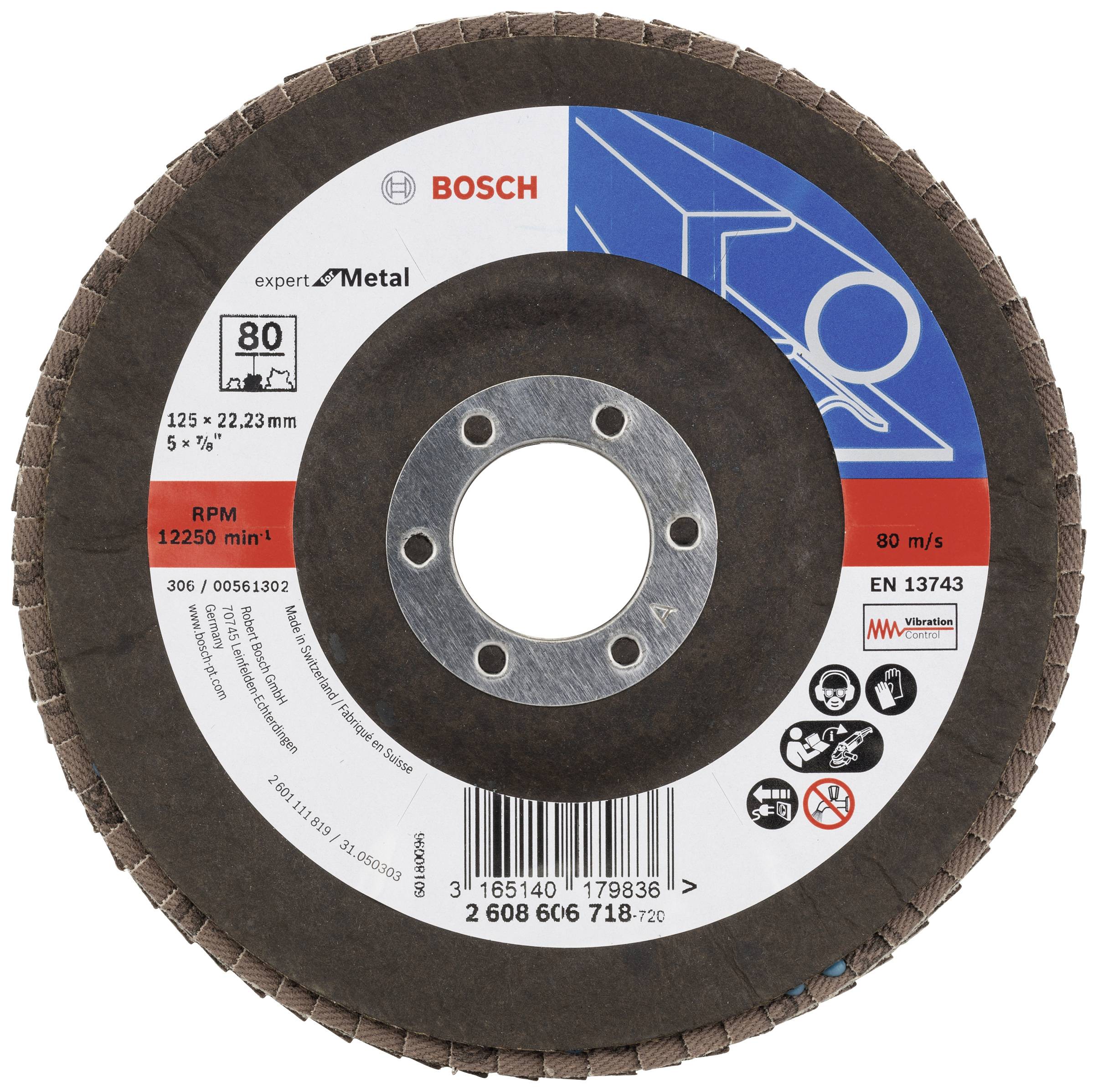 Rund Bosch-slibeskive, 125 x 22,23 mm, til metalbehandling, kornstørrelse 80, maks. 12.250 o/min, certificeret efter EN 13743.
