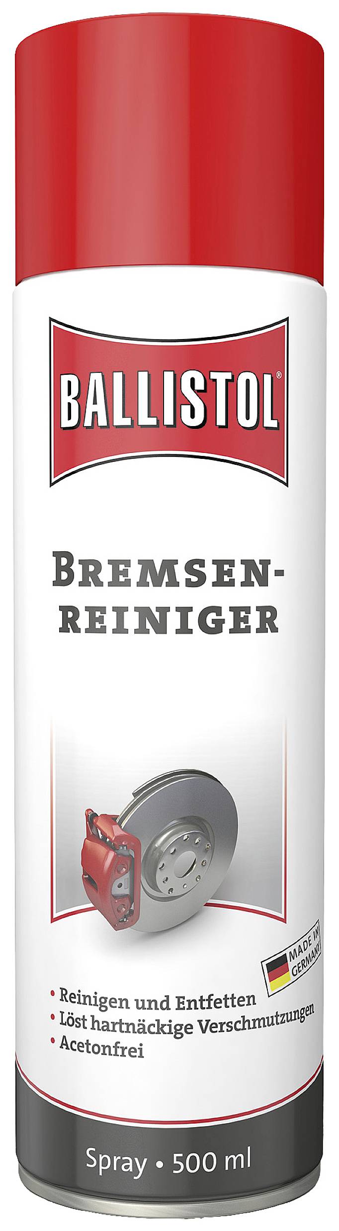 En rød spraydåse med 'Ballistol' bremserens, 500 ml. Påskrift: 'Rengør og affedter', 'Løsner genstridige snavs', 'Acetonfri'.