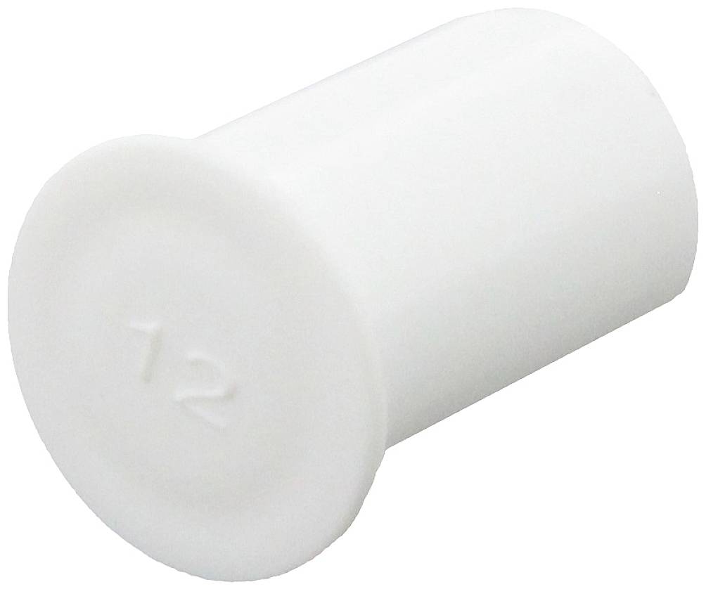 En hvid, cylinderformet plastprop med tallet '12' indgraveret.