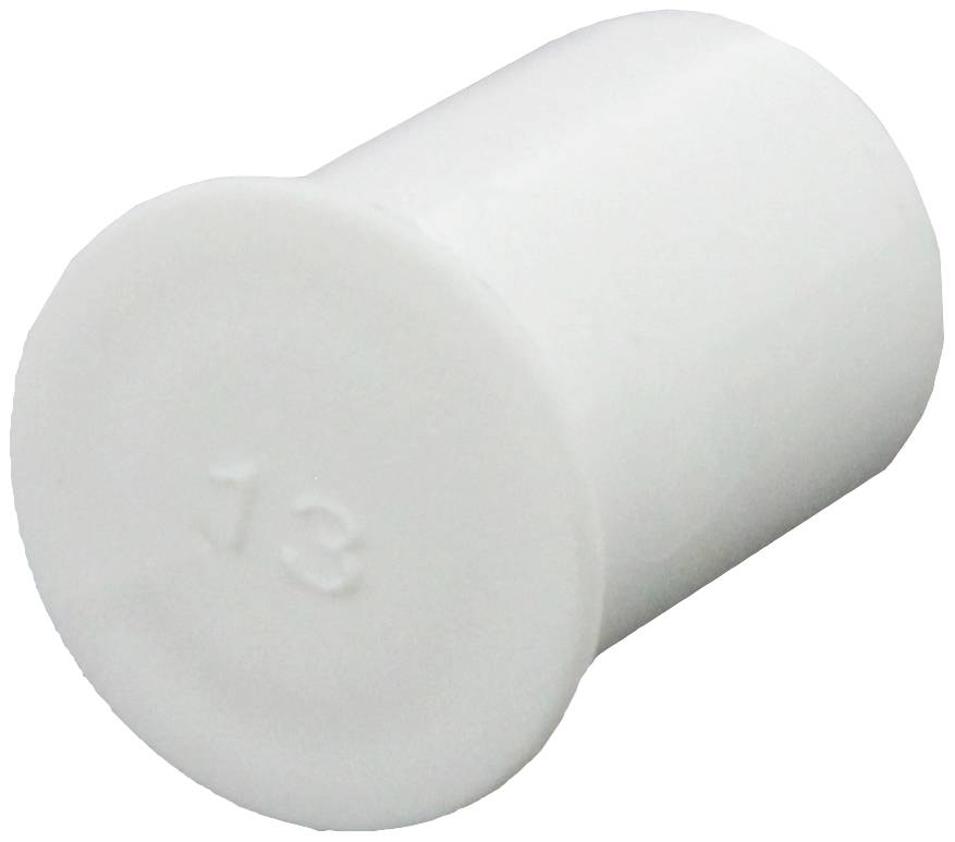 En hvid plastprop med det prægede tal '13' på oversiden. Proppen er cylinderformet.