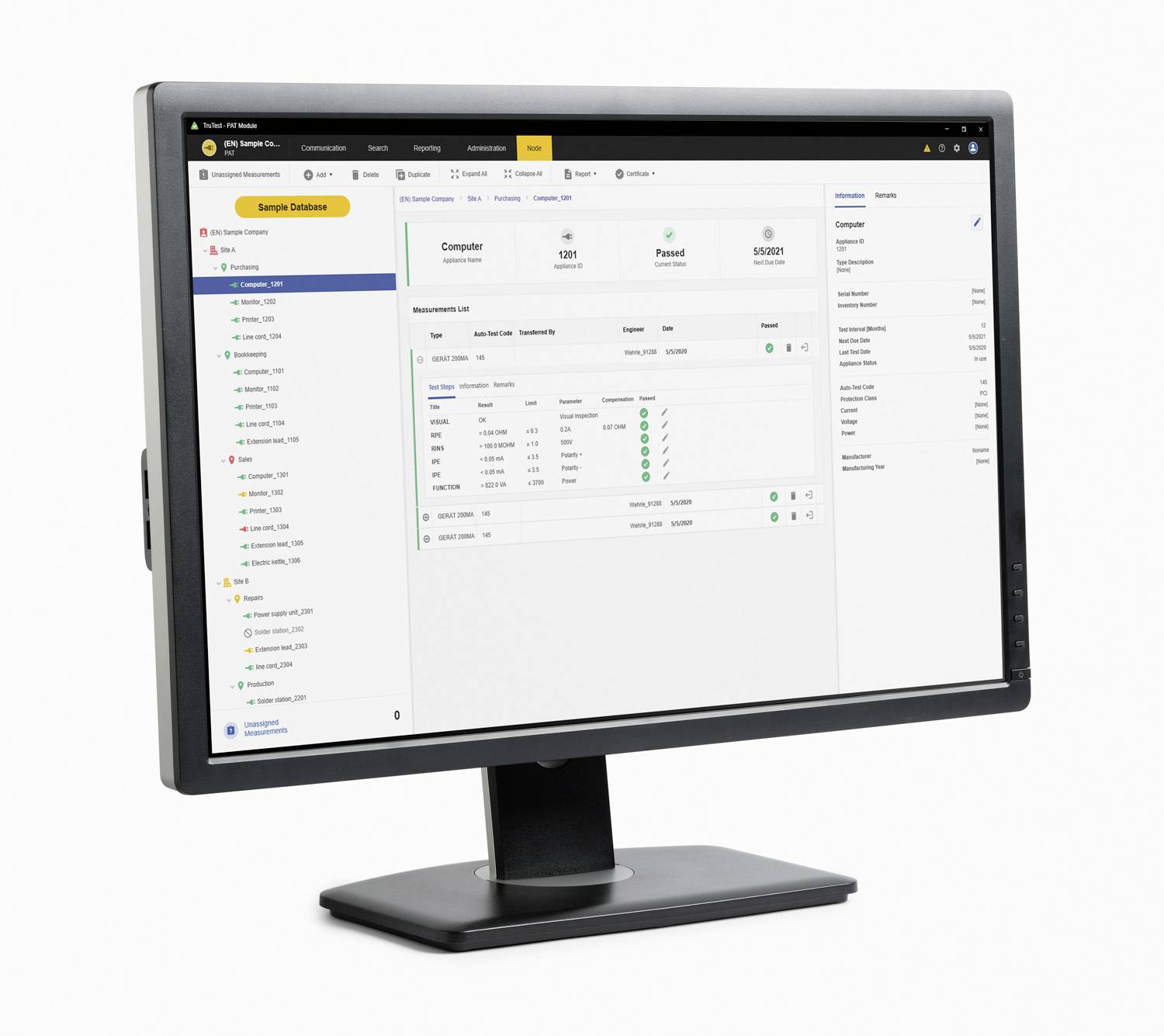 En computerskærm viser en brugerflade med et databaseoverblik. Der er synlige tabeller med detaljerede oplysninger og statusindikatorer.
