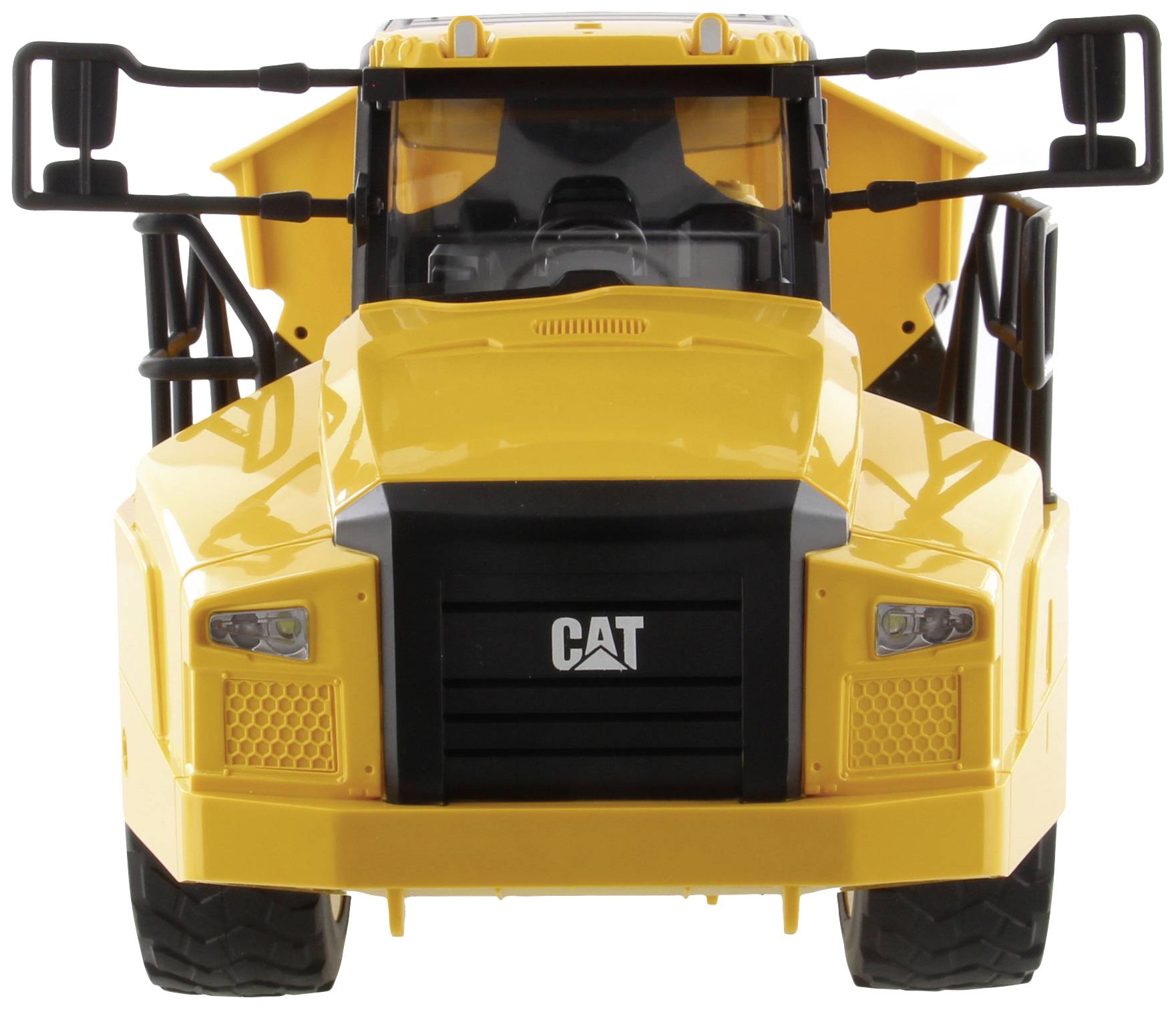 En gul lastvogn set forfra, viser robust konstruktion og store, synlige hjul; velegnet til byggepladsopgaver.