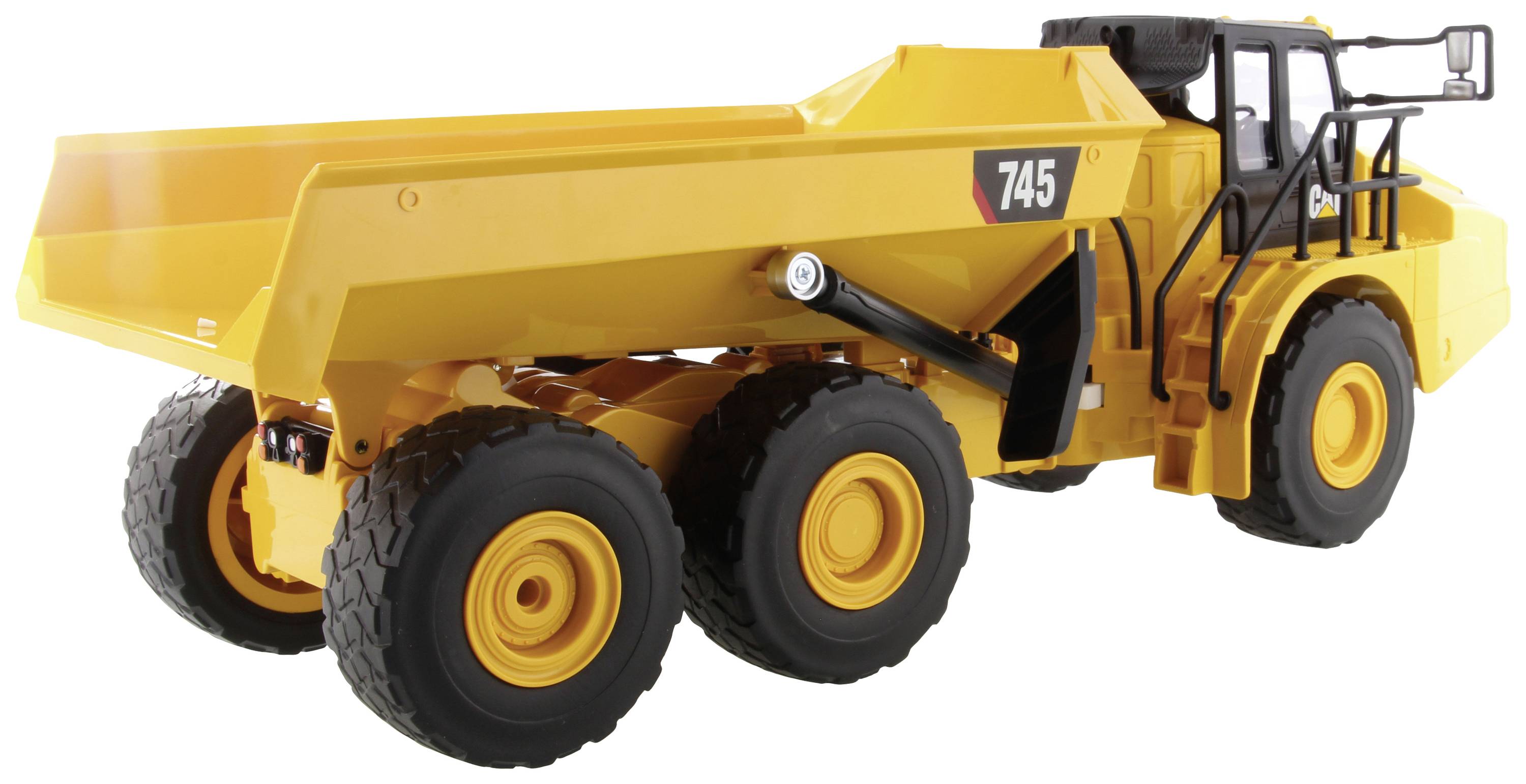 En gul dumper med seks hjul og nummeret '745' på siden.