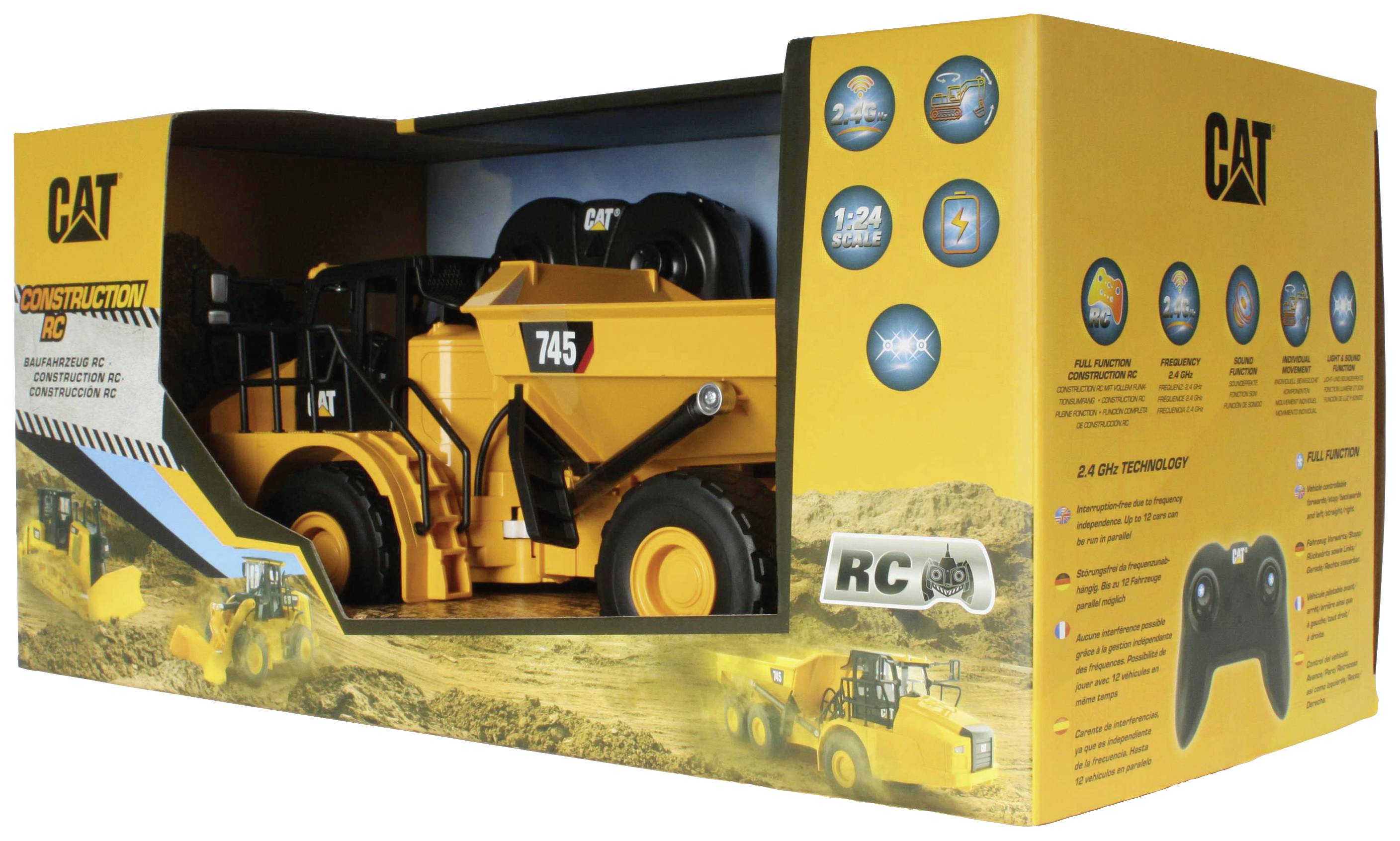 Legetøjsmodel af en gul CAT-dumper med fjernbetjening, egnet for børn fra 8 år.