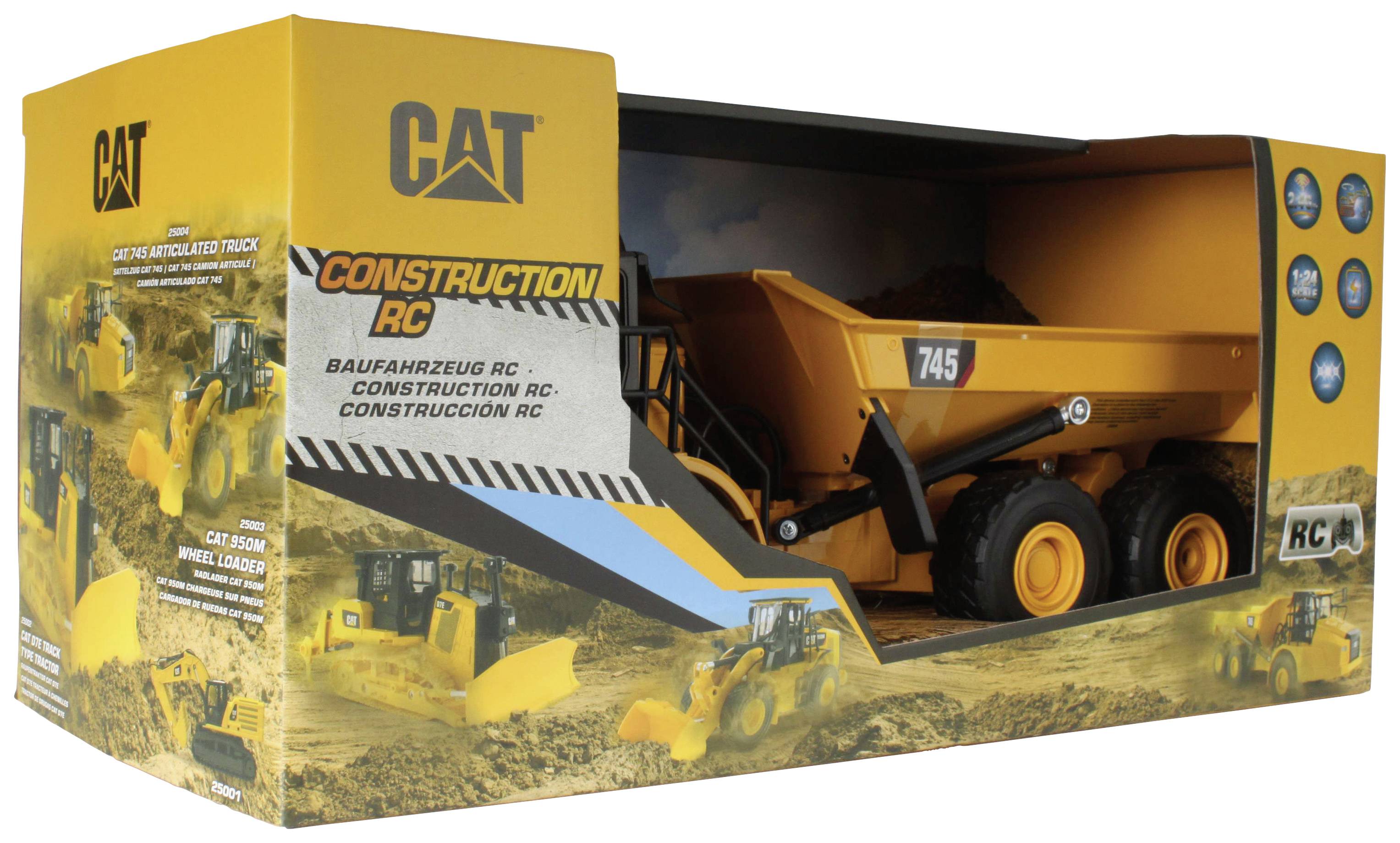 Legetøjs-lastbil i gul emballage med påskriften 'RC Anlægskøretøj'. Viser en model af en CAT-tipvogn fra en byggeplads.