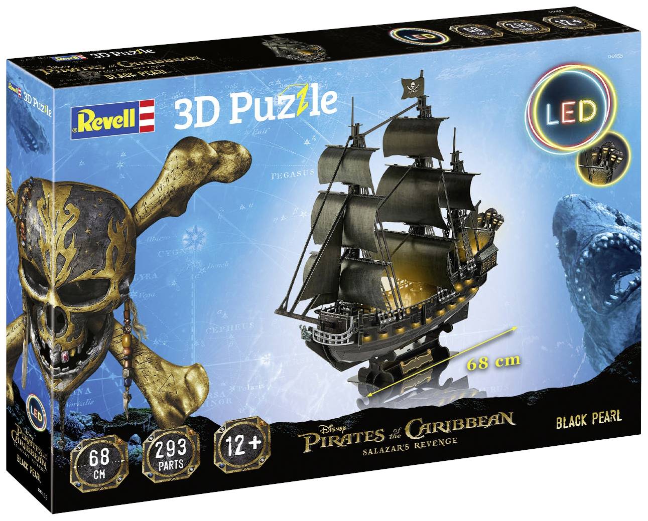 3D-puslespil af 'Black Pearl' fra 'Pirates of the Caribbean' fra Revell, indeholder 293 dele, egnet for personer fra 12 år, med LED-lys.