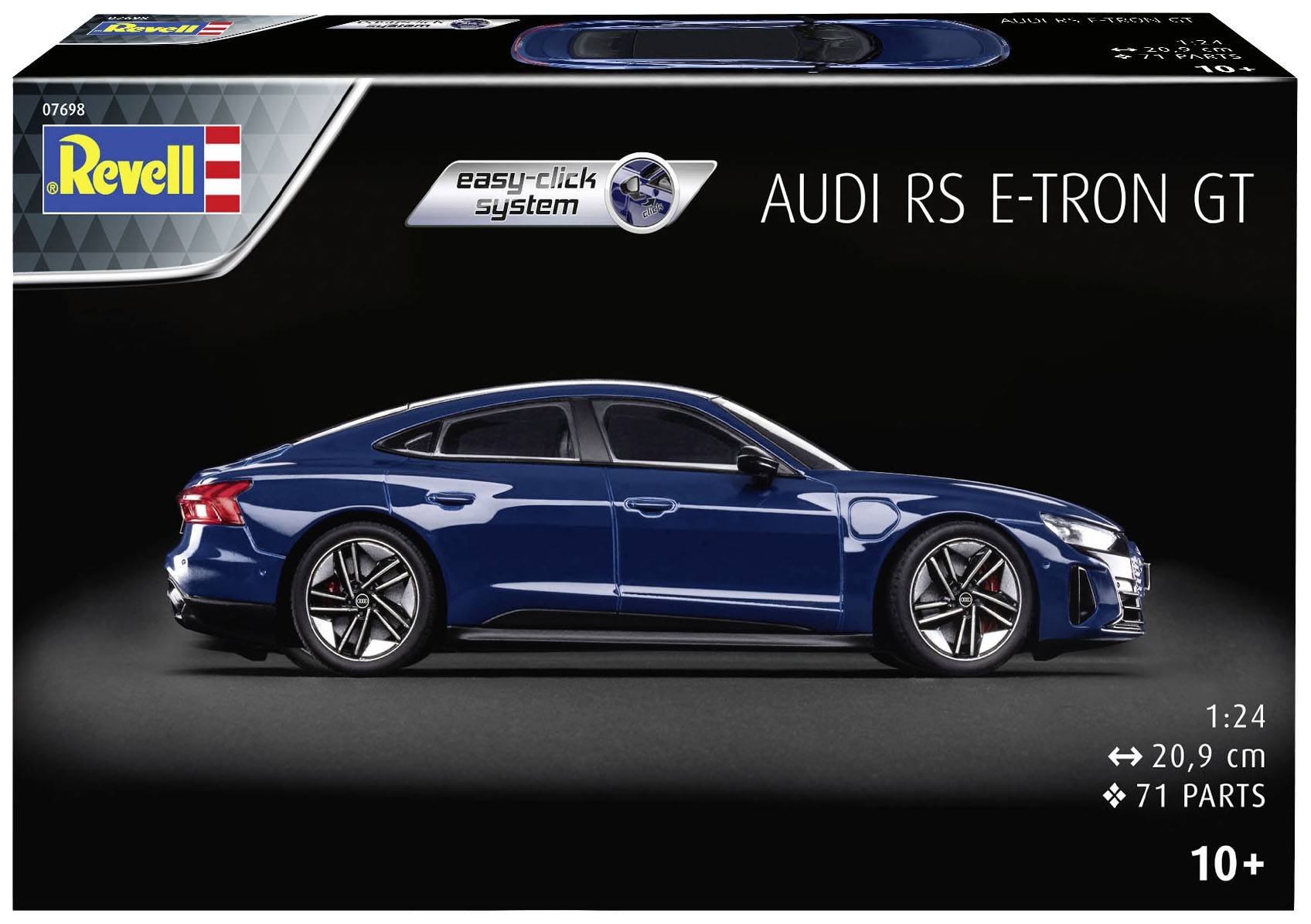 Revell modelbyggesæt Audi RS E-Tron GT, skala 1:24, længde 20,9 cm, 71 dele, egnet fra 10 år. Der er vist en blå modelbil.