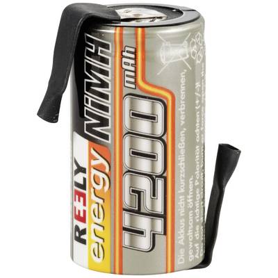 Cylindrisk NiMH-batteri med påskrift 'REELY energy 4200 mAh'. Sort hætte øverst og i siden.