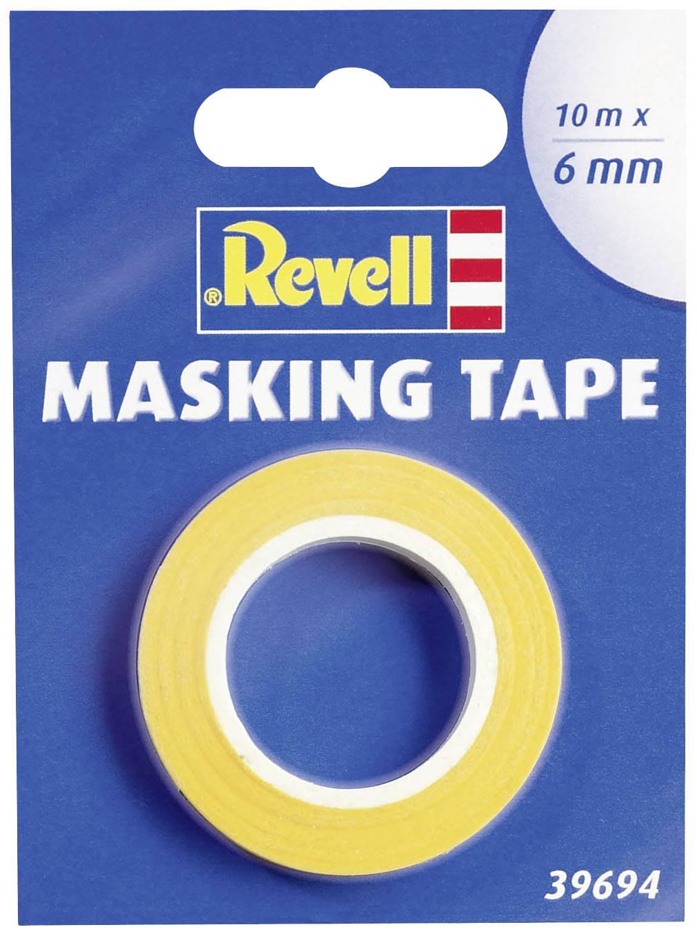 En pakke Revell afdækningstape med gul tape. Mål: 10 m længde, 6 mm bredde. Varenr.: 39694.