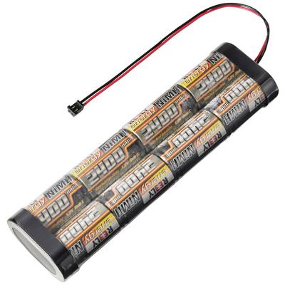 En batteripakke med seks AA-batterier med røde og sorte ledninger til strømforsyning af elektroniske enheder.