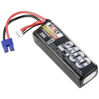 Et Lithium-Polymer-batteri med påskriften 'REELY energy', kapacitet 2400mAh, 11,1V, 20C og blå stikforbindelse.
