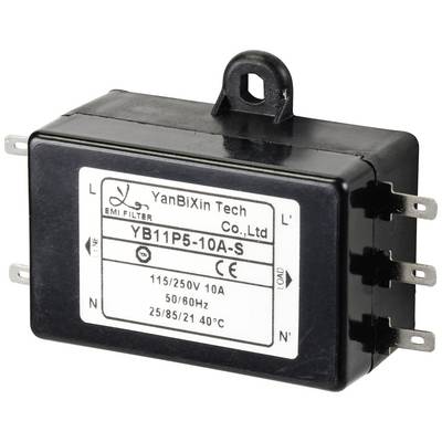 Sort EMI-filter med seks tilslutninger, etiket 'YanBiXin Tech Co., Ltd', model 'YB11P5-10A-S', tekniske specifikationer trykt på.