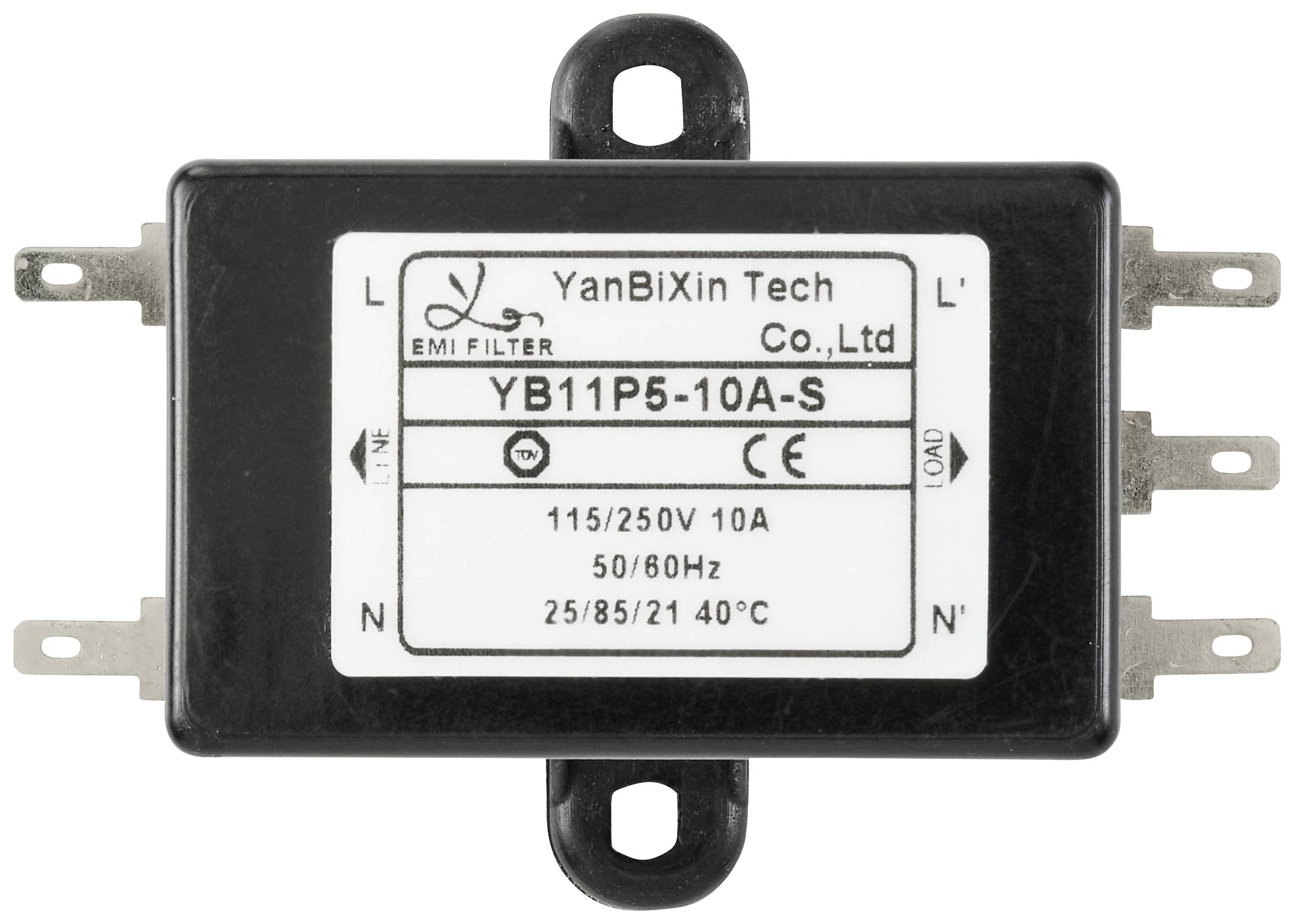 Rektangulær EMI-filter fra YanBiXin Tech med modelnummer YB11P5-10A-S, 115/250V, 10A, 50/60Hz, fire tilslutningsklemmer.