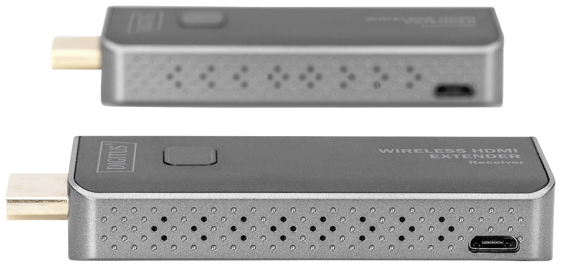 En trådløs HDMI-extender med to enheder i grå farve. Den ene har en USB-port, begge har HDMI-stik.