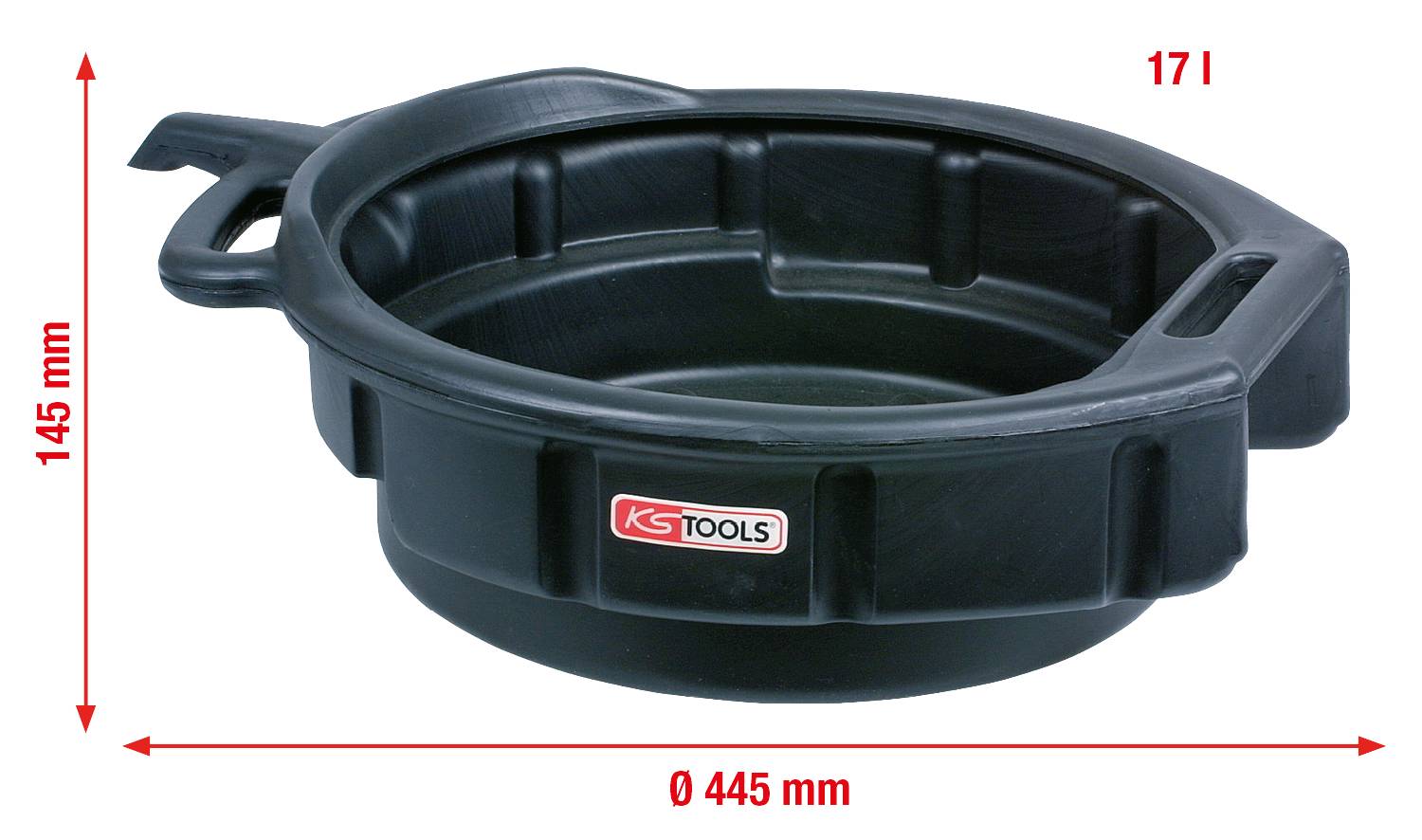 Sort olieopsamlingsbeholder med et volumen på 17 liter, diameter 445 mm, højde 145 mm; egnet til brug i værksted.