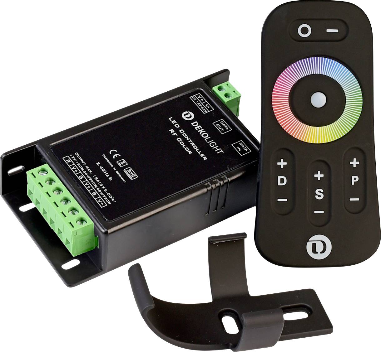 En LED-controller med fjernbetjening. Fjernbetjeningen har en farvet ring til lystyring og knapper til indstillinger.