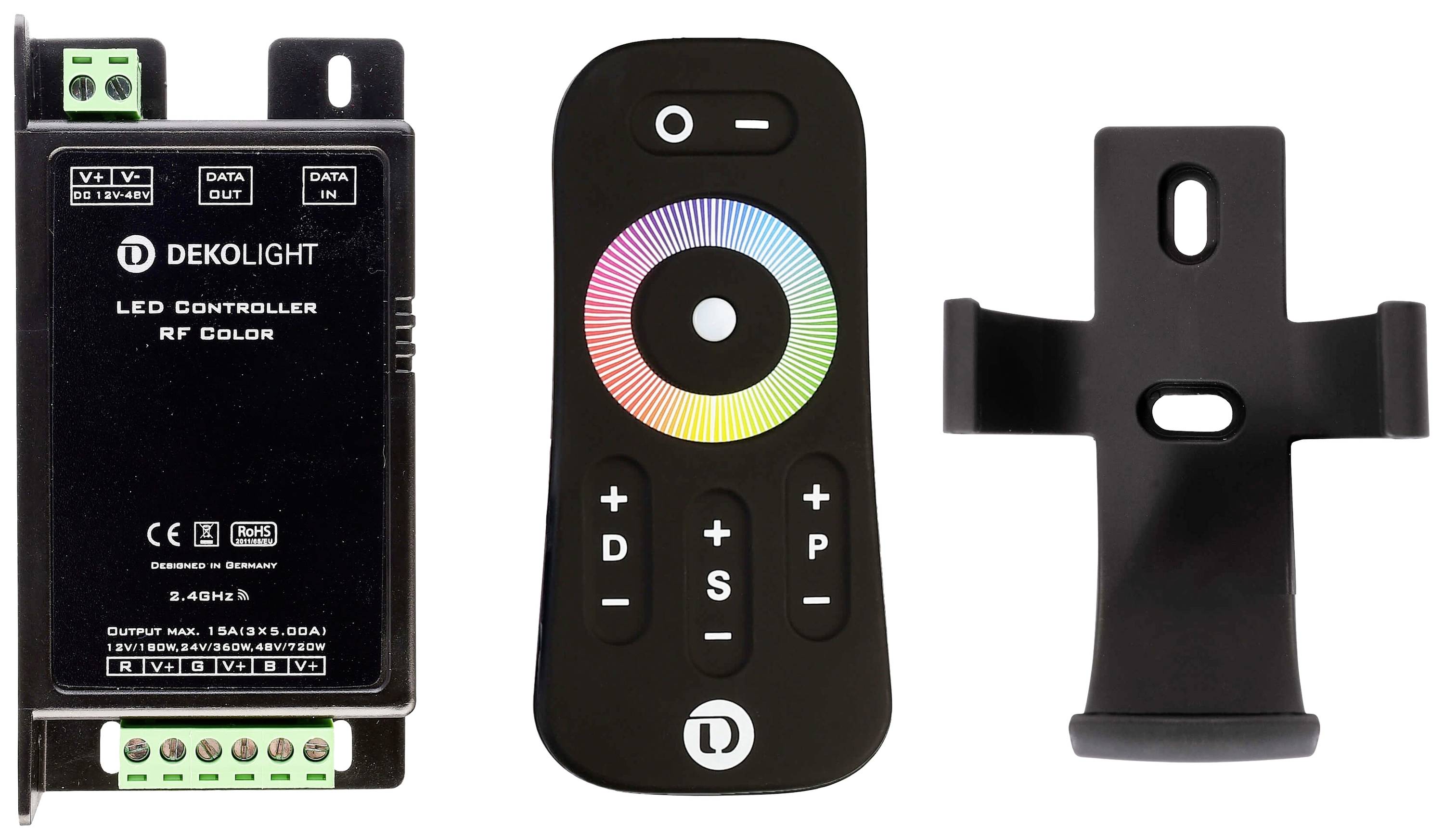 En LED-controller med RF farvestyring, en cirkelformet fjernbetjening med farveindstillinger og et sort beslag.