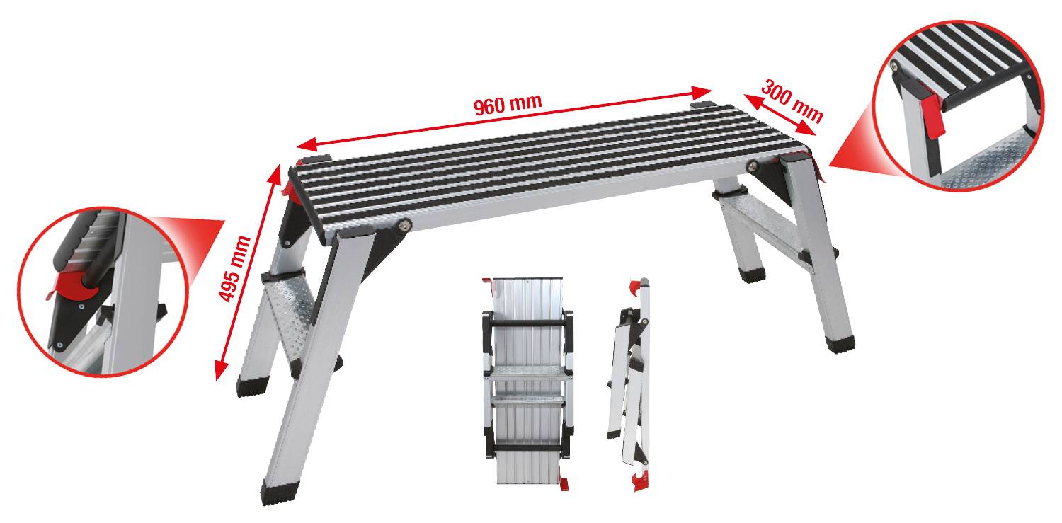Aluminiumtrinstol med målene 960 mm x 300 mm x 495 mm. To nærbilleder viser detaljer ved ledene.