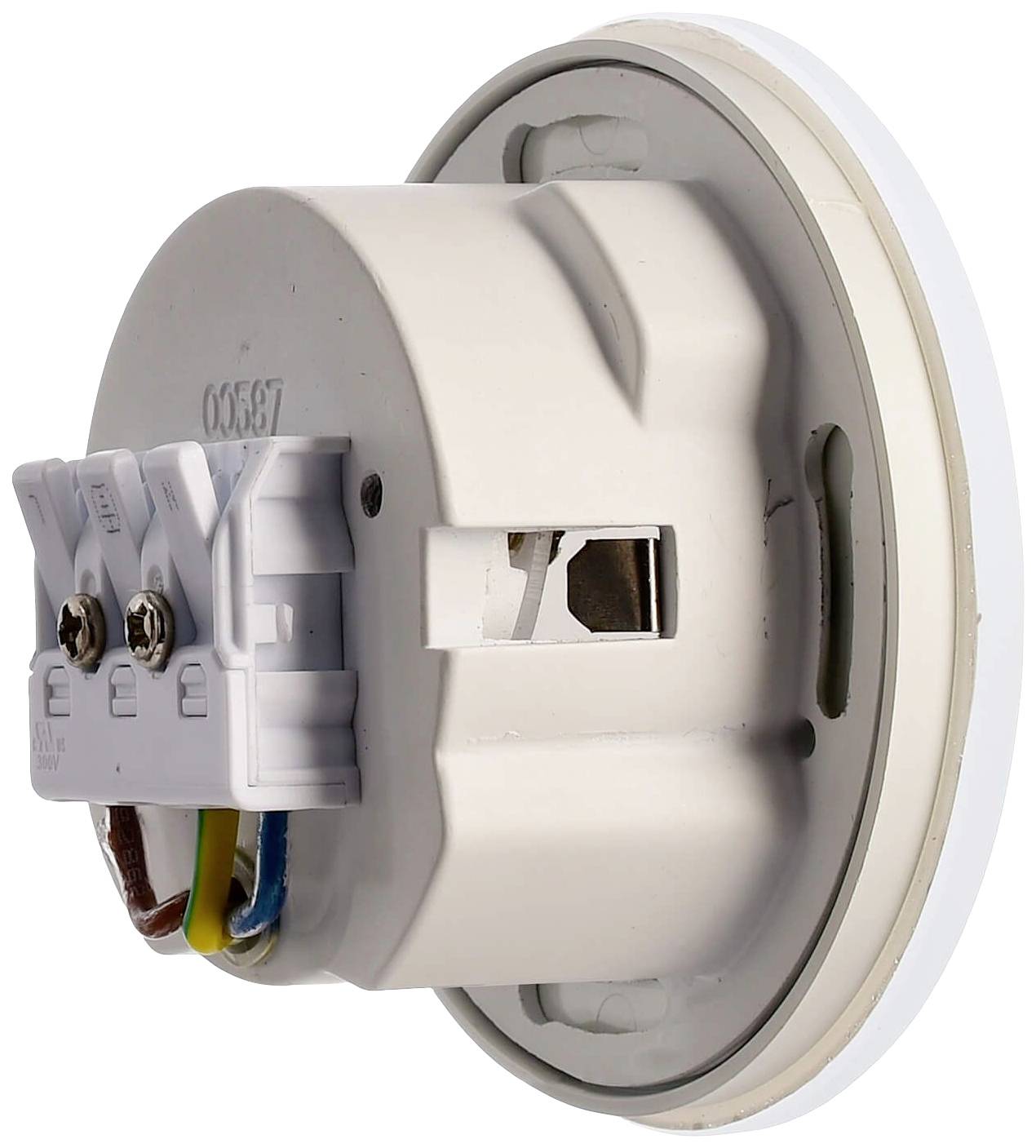 En hvid stikadapter med tre synlige kabelstik i forskellige farver, egnet til elinstallationer.