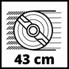 Et sort-hvidt symbol af en roterende cirkel, der viser en bevægelse, med teksten '43 cm' nedenunder.