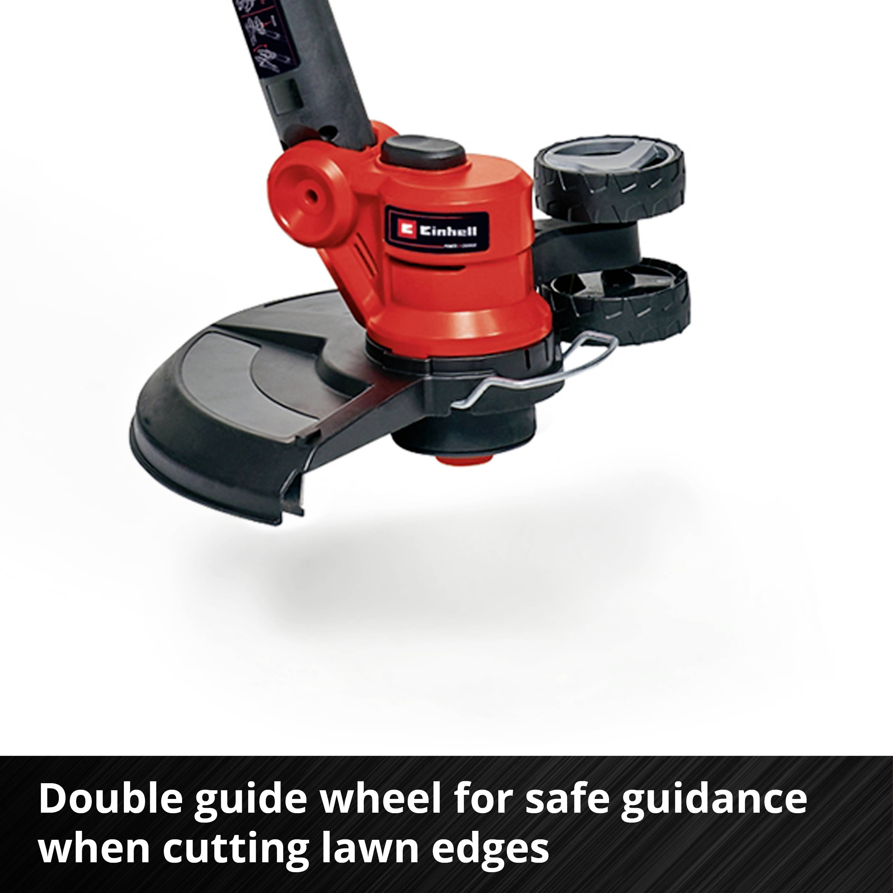 'Einhell' græstrimmer med dobbelt styringshjul til præcis trimning af græskanter, rød og sort farvedesign, nærbillede.