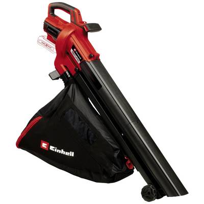 En rød og sort løvsuger fra mærket Einhell med en stor opsamlingssæk og et ergonomisk håndtag, stående på et lille hjul.
