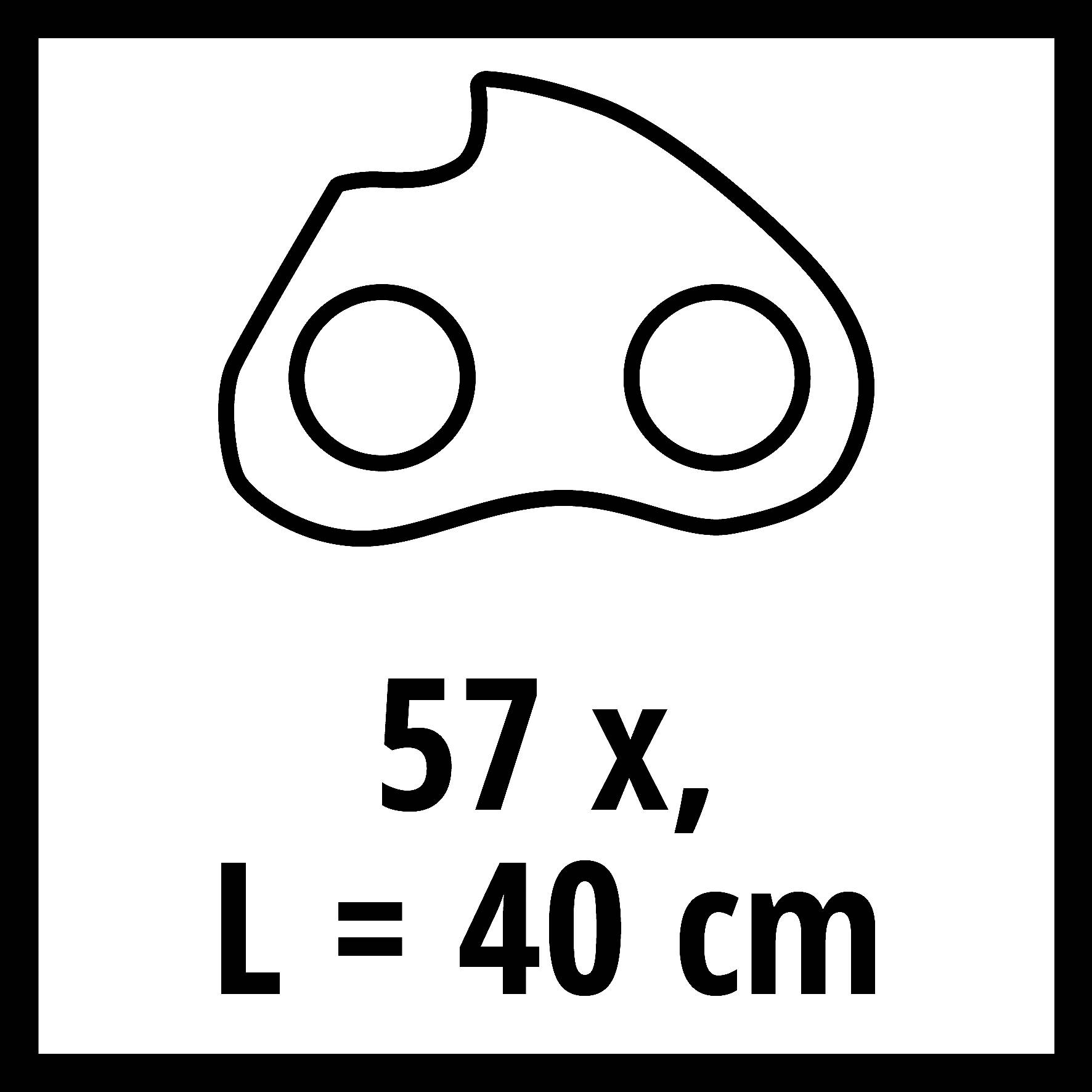 Tegning af en mekanisk del, der minder om en ujævn oval form med to cirkulære udskæringer. Tekst: '57x, L=40 cm'.