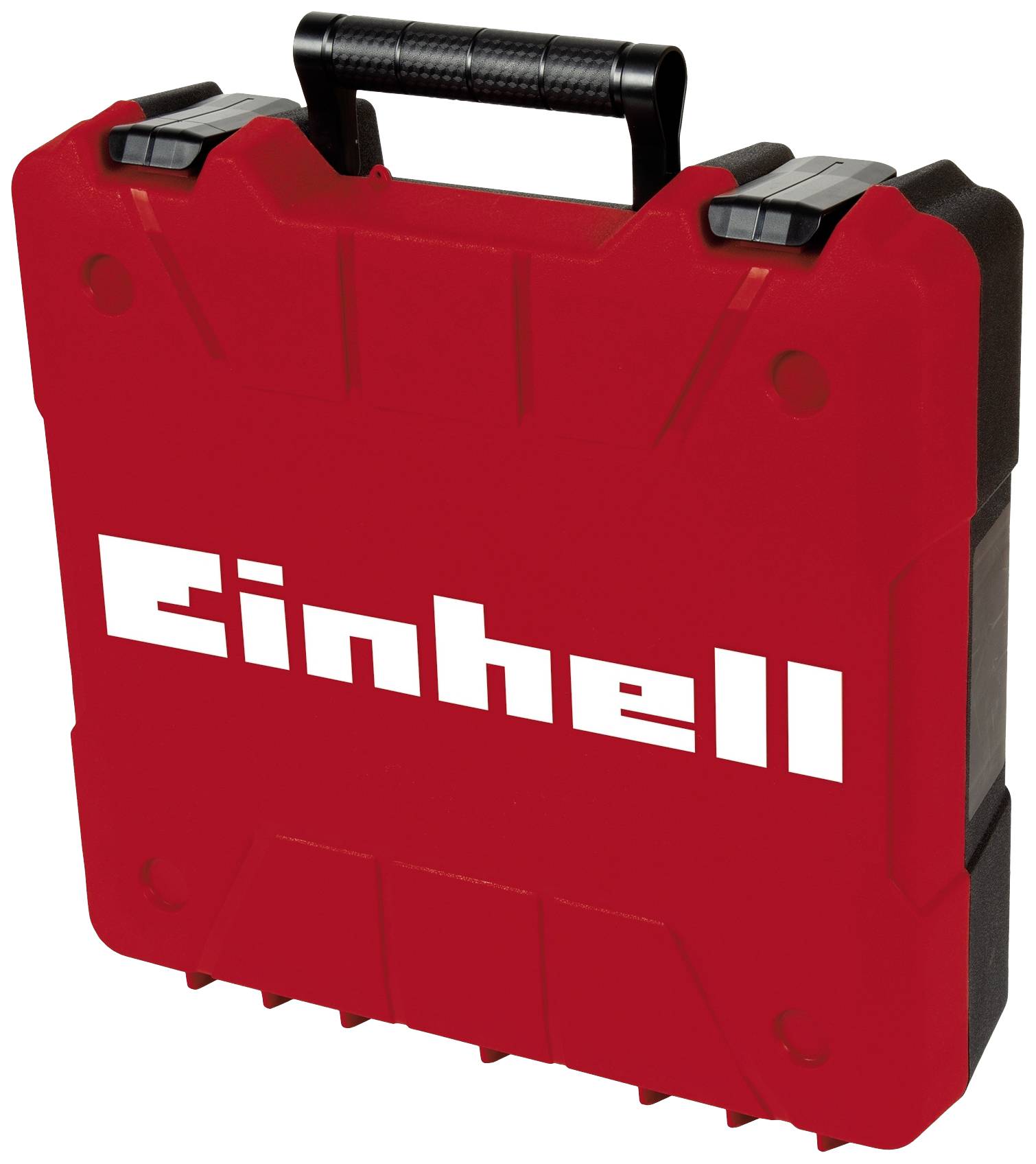 Rød værktøjskasse med hvid 'Einhell' skrift på forsiden og et sort håndtag øverst.