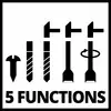 Fem værktøjer, hver til en anden funktion: Skrue, bor, mejsel i forskellige positioner og med roterende bevægelse. Tekst: '5 FUNKTIONER'.