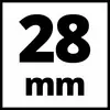 '28 mm' med sort tekst på hvid baggrund.