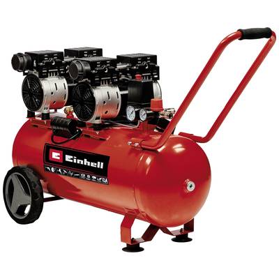 Sort Einhell Silent Plus luftkompressor med dobbelte motorer, tank, hjul og rødt håndtag på hvid baggrund.