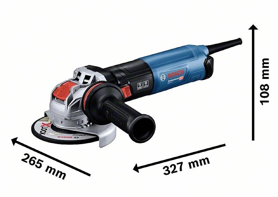 En blå Bosch-vinkelsliber med følgende dimensioner: Længde 327 mm, højde 108 mm, skivediameter 265 mm.