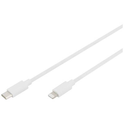 Et hvidt kabel med USB-C- og Lightning-stik i begge ender. Egnet til opladning og dataoverførsel mellem enheder.