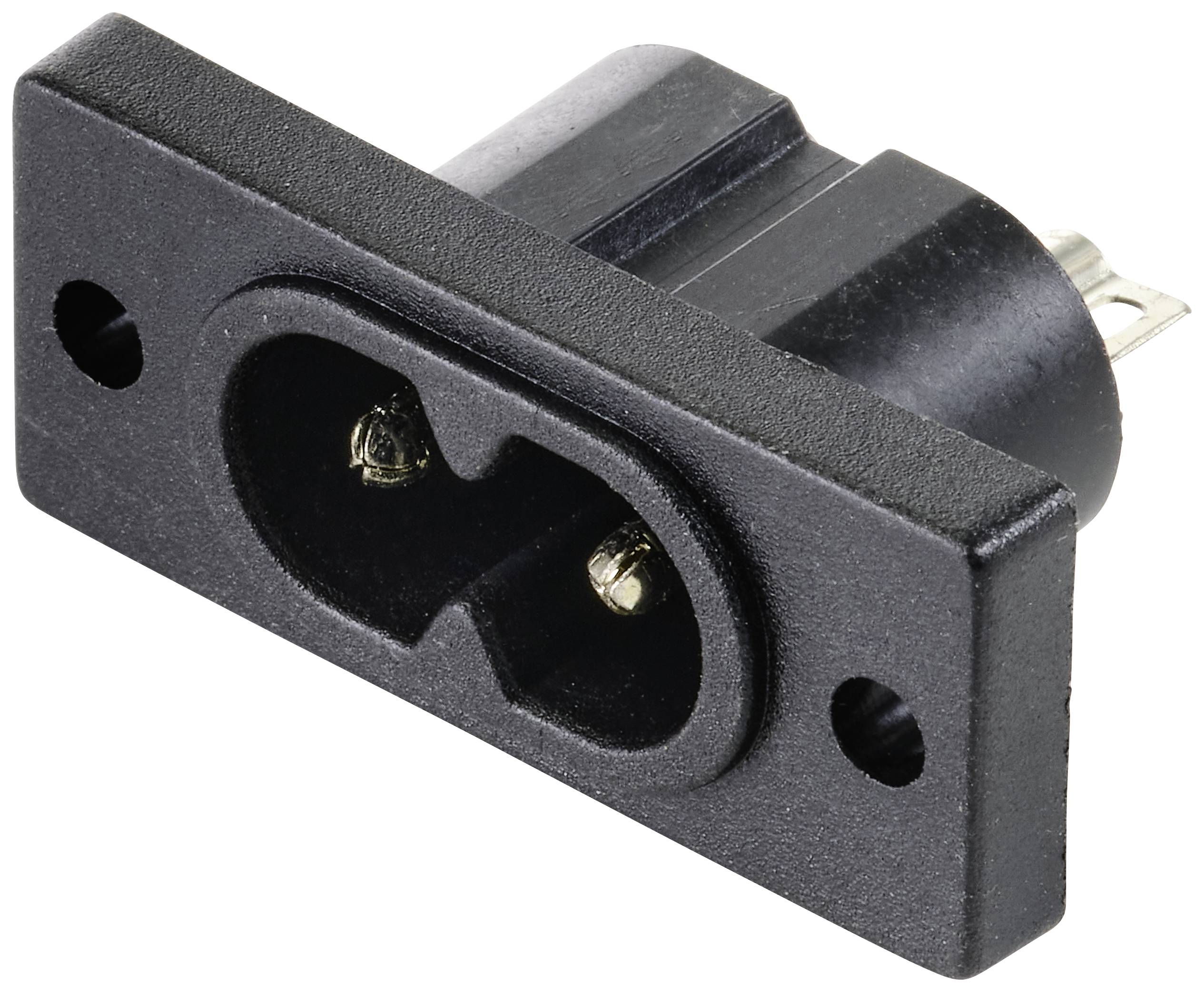 En sort koldapparat-indbygningsstik med to metalkontrakter og en rektangulær flange. Egnet til elektriske forbindelser.