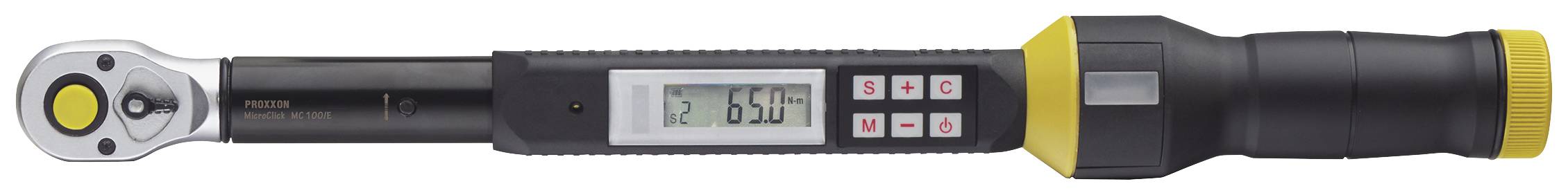 Digital momentnøgle med LCD-display, viser 55,6 Nm. Sort og gul greb, kontrolknapper ved siden af.